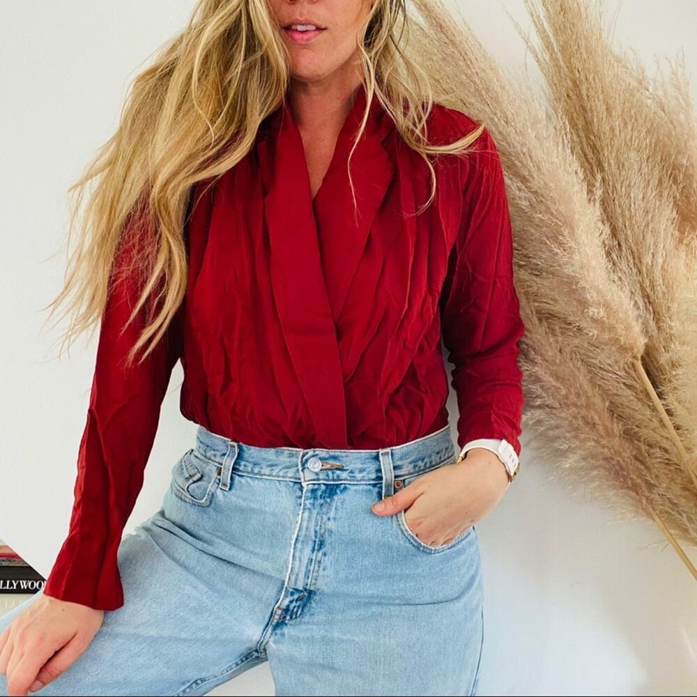 NEW NWT FREE PEOPLE Elsa Long Sleeve Deep Plunge Red Lace Blouse Bodysuit XS